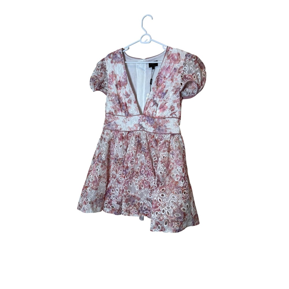 Bardot Dress Womens XL Pink Floral Lace Puff Sleeve Fit & Flare‎ Mini Party